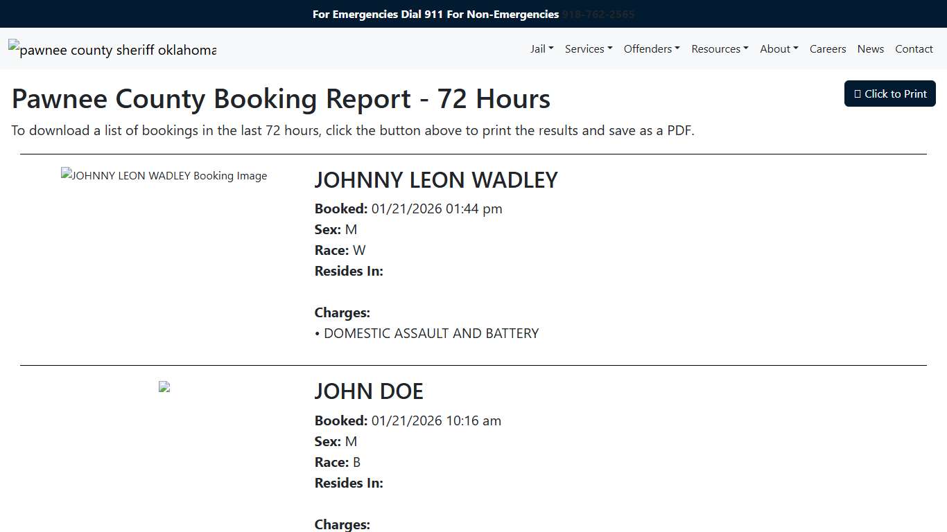 72 Hour Booking Report | Pawnee County Sheriff's Office