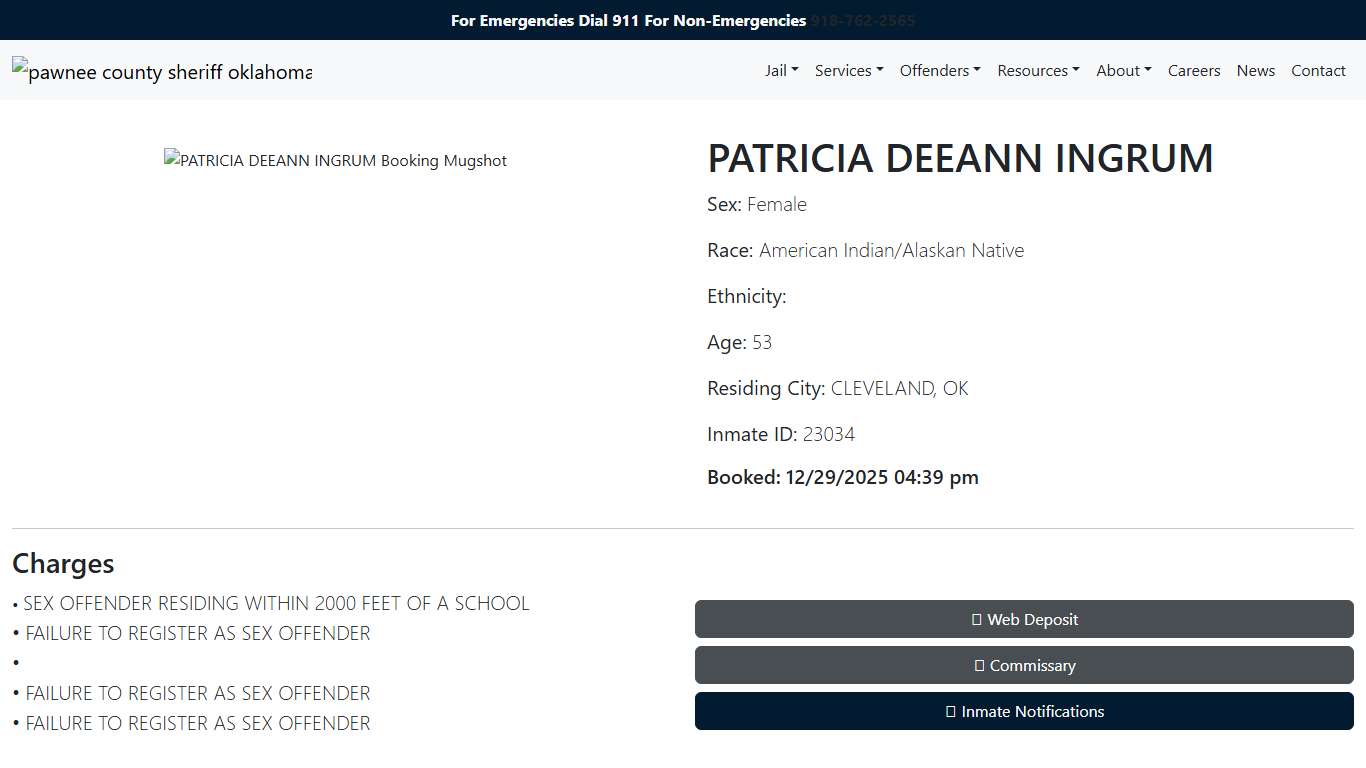 PATRICIA INGRUM Booked at the Pawnee County Jail